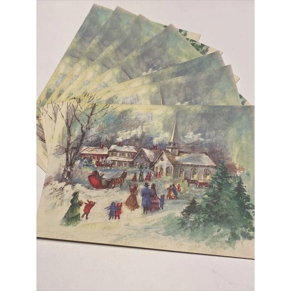 Vintage Christmas Card CHURCH WINTER HOLIDAY SCENE Sleigh Christmas Impressions